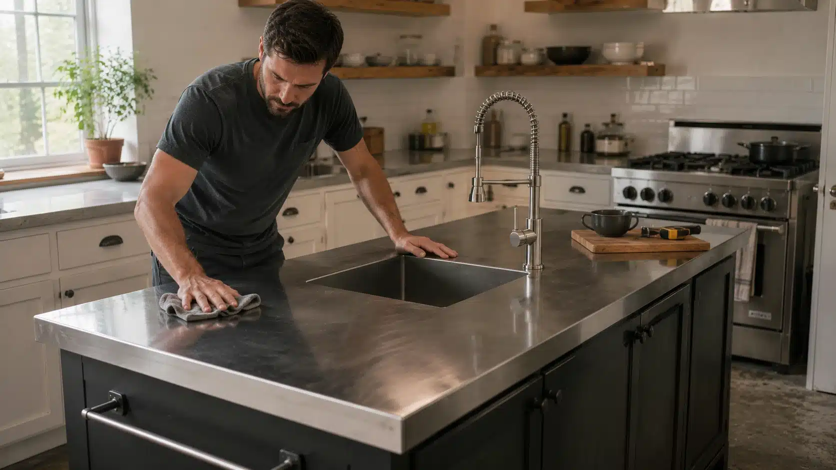 a modern kitchen countertop being evaluated for heat and moisture resistance