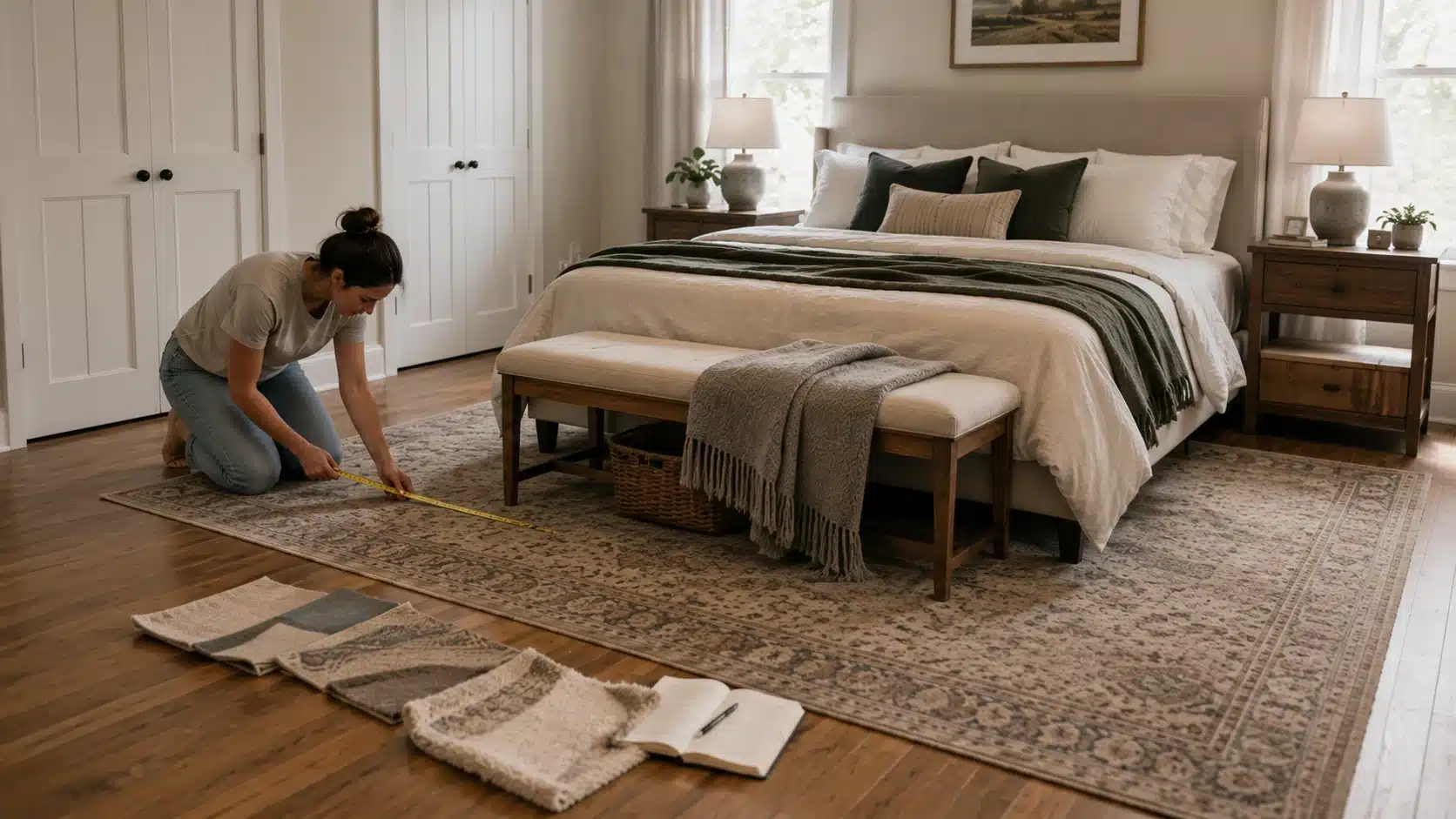person measuring rug placement beside a queen bed with nightstands and layout details in a realistic bedroom