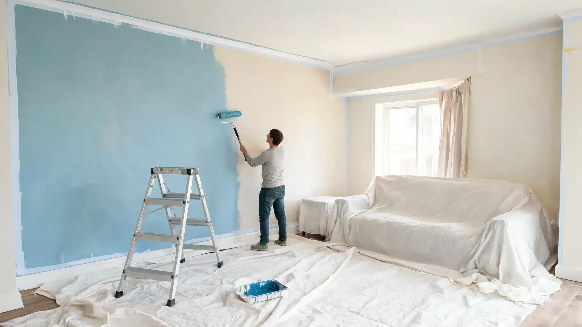 person painting a blue accent wall in a covered living room, a colorful diy home projects idea for interiors