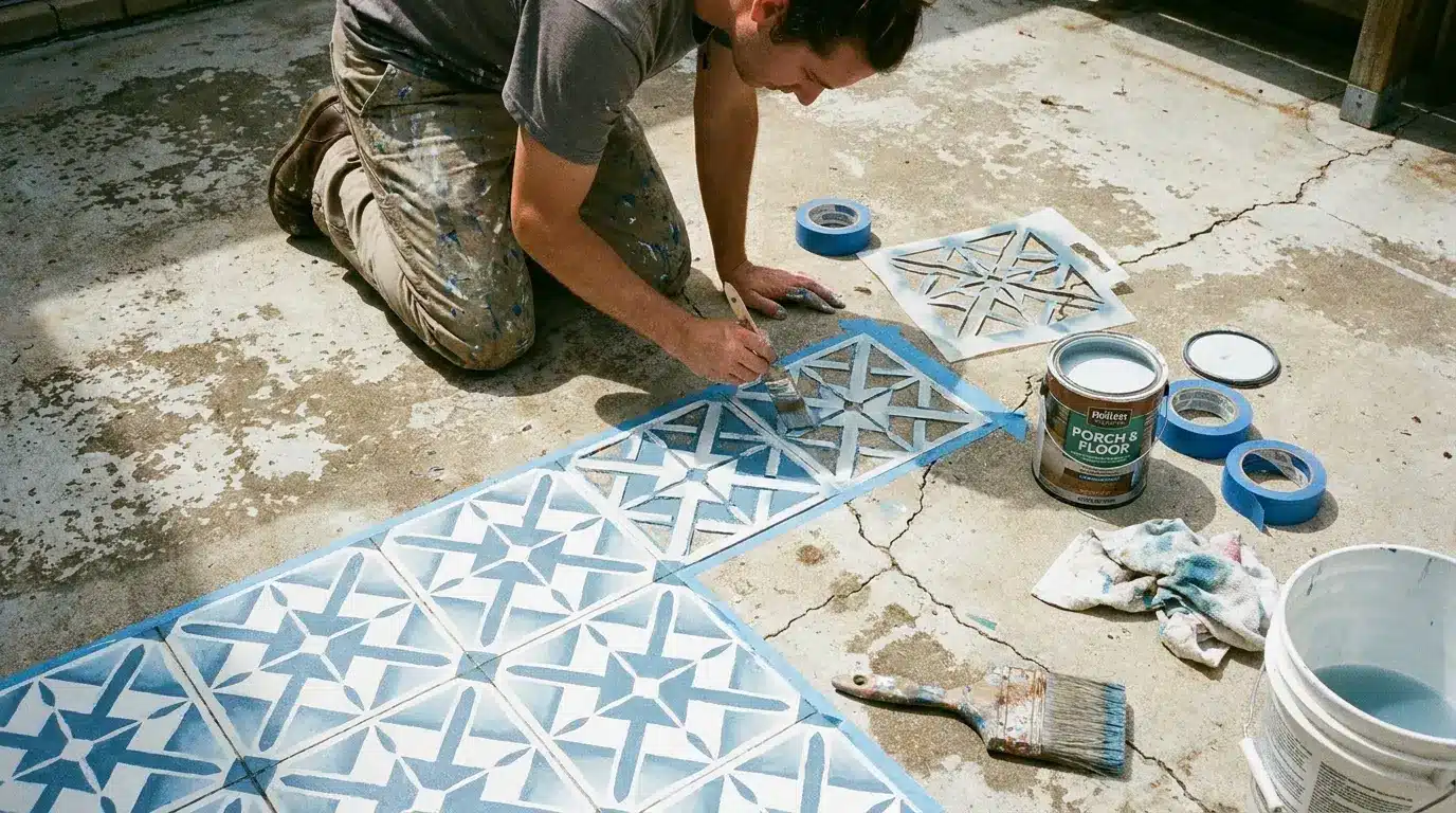 person painting a stencil pattern on a small deck floor with porch paint and simple diy tools