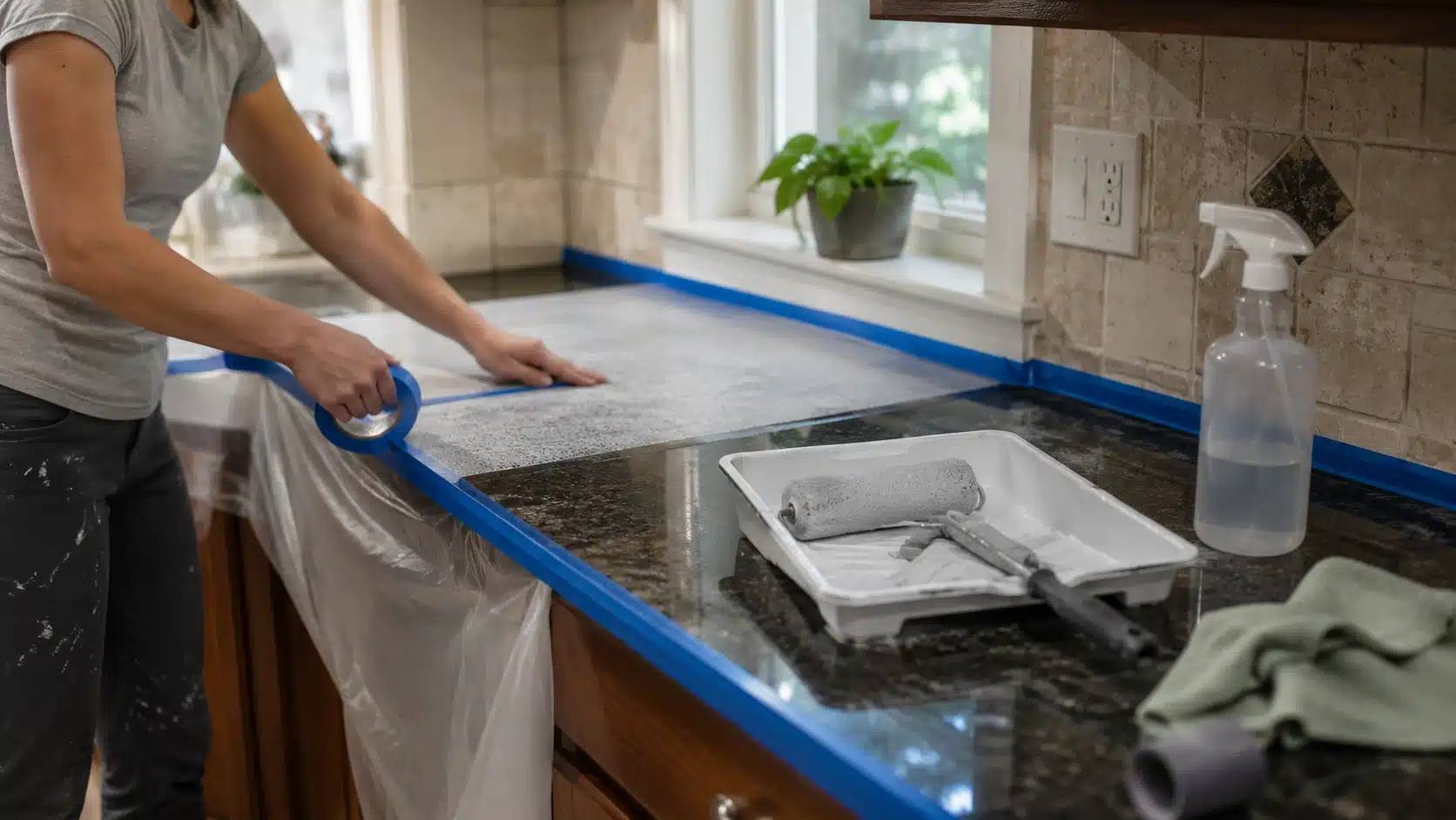 person prepping granite countertop with tape and paint supplies before a diy kitchen update