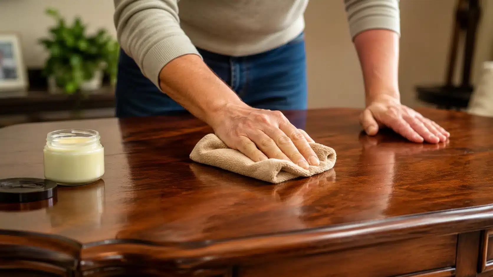 person showing how to polish wood furniture by buffing a glossy wooden table with a soft cloth and wax polish