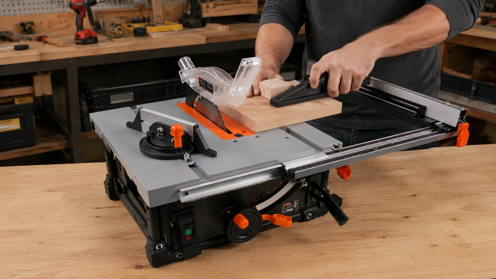 person using a compact benchtop table saw to cut a wooden plank in a well-organized workshop with safety push block
