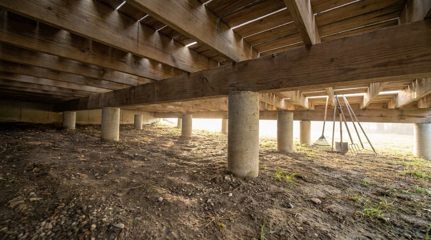 pier and beam foundation under house showing wooden beams joists supported by concrete piers and soil beneath