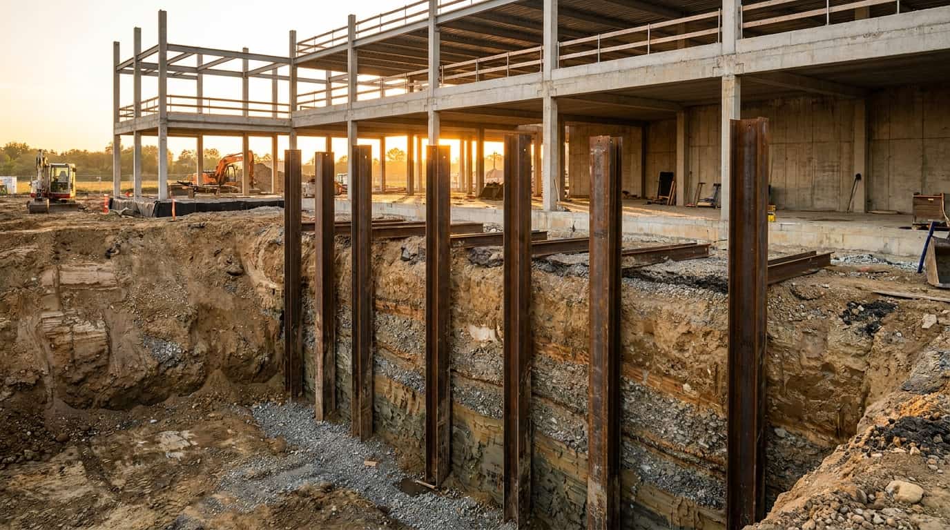 pile foundation with steel posts driven into soil supporting heavy structure above