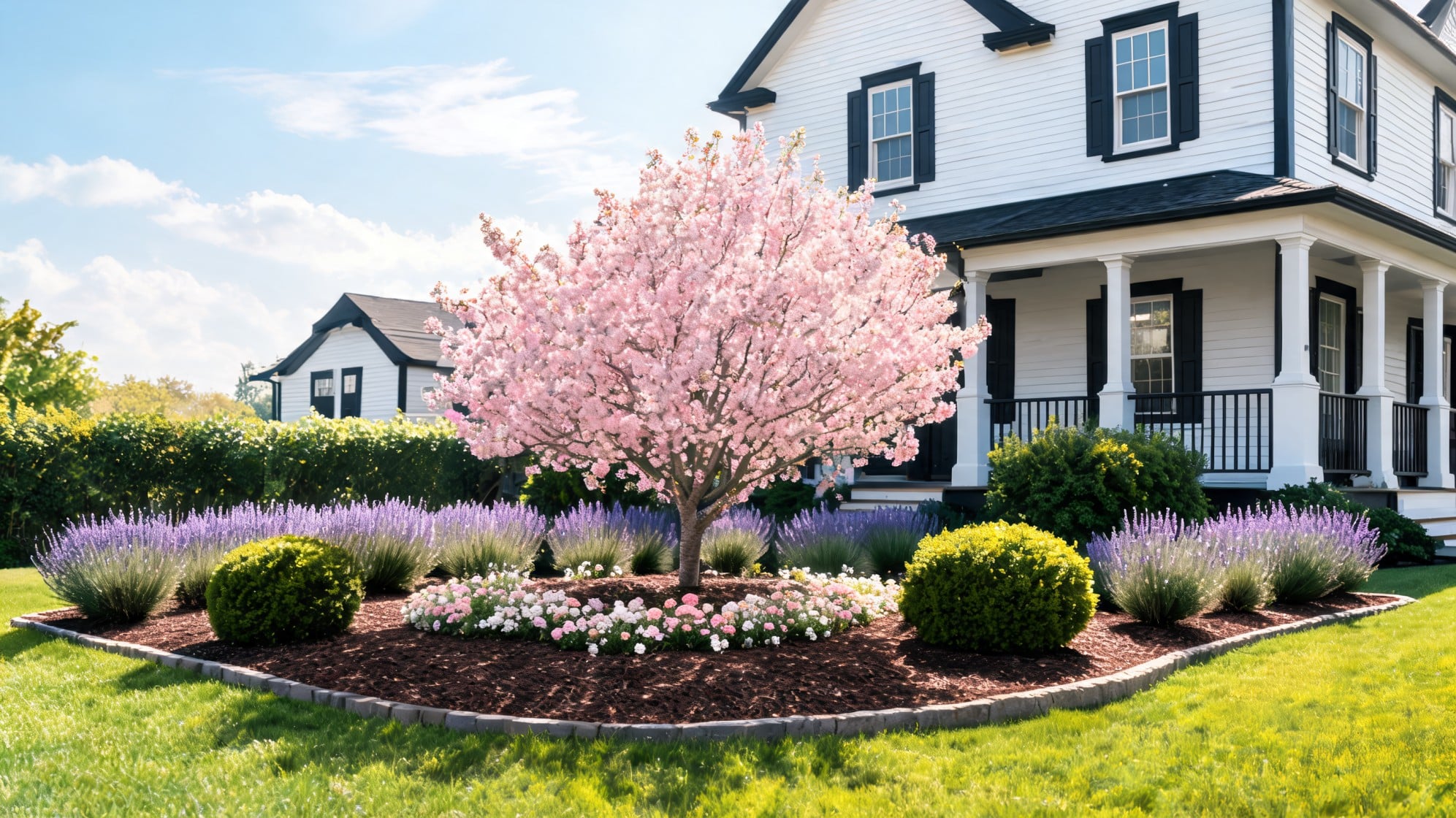 front lawn ideas with pink flowering tree lavender shrubs mulch border and white farmhouse front yard
