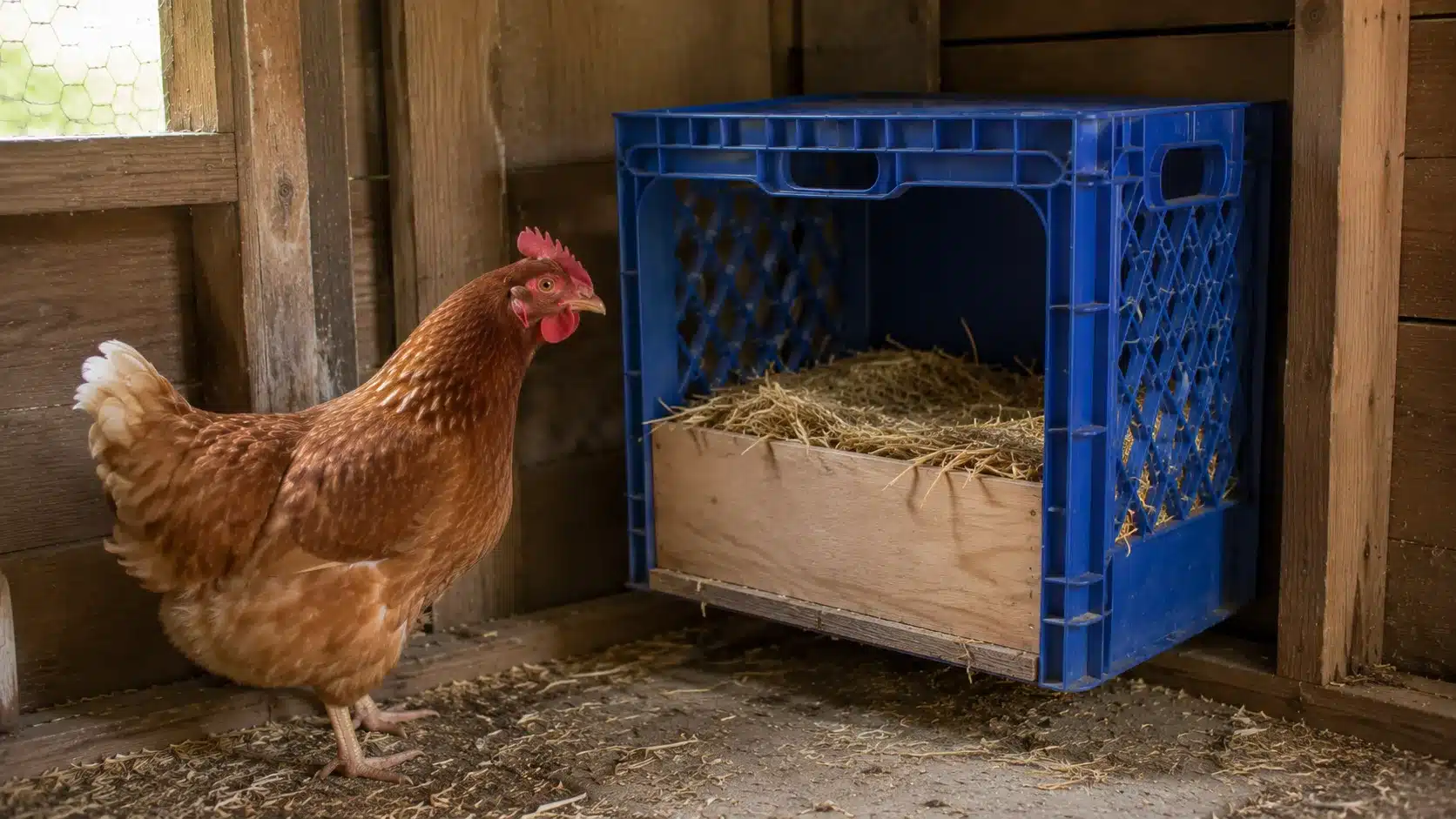 plastic milk crate nesting box with bedding placed in a quiet chicken coop corner
