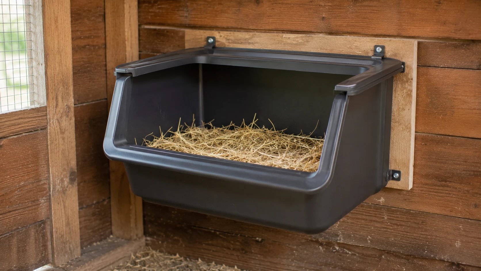 plastic storage bin converted into a nesting box mounted securely inside a chicken coop