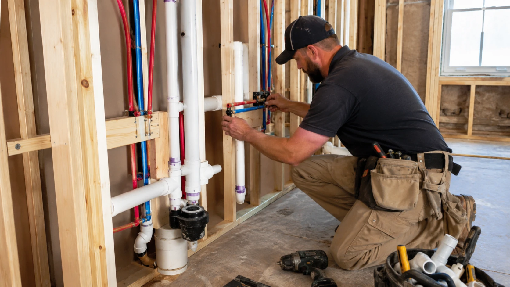 plumber installing rough-in pipes inside open bathroom walls before fixtures and drywall are added