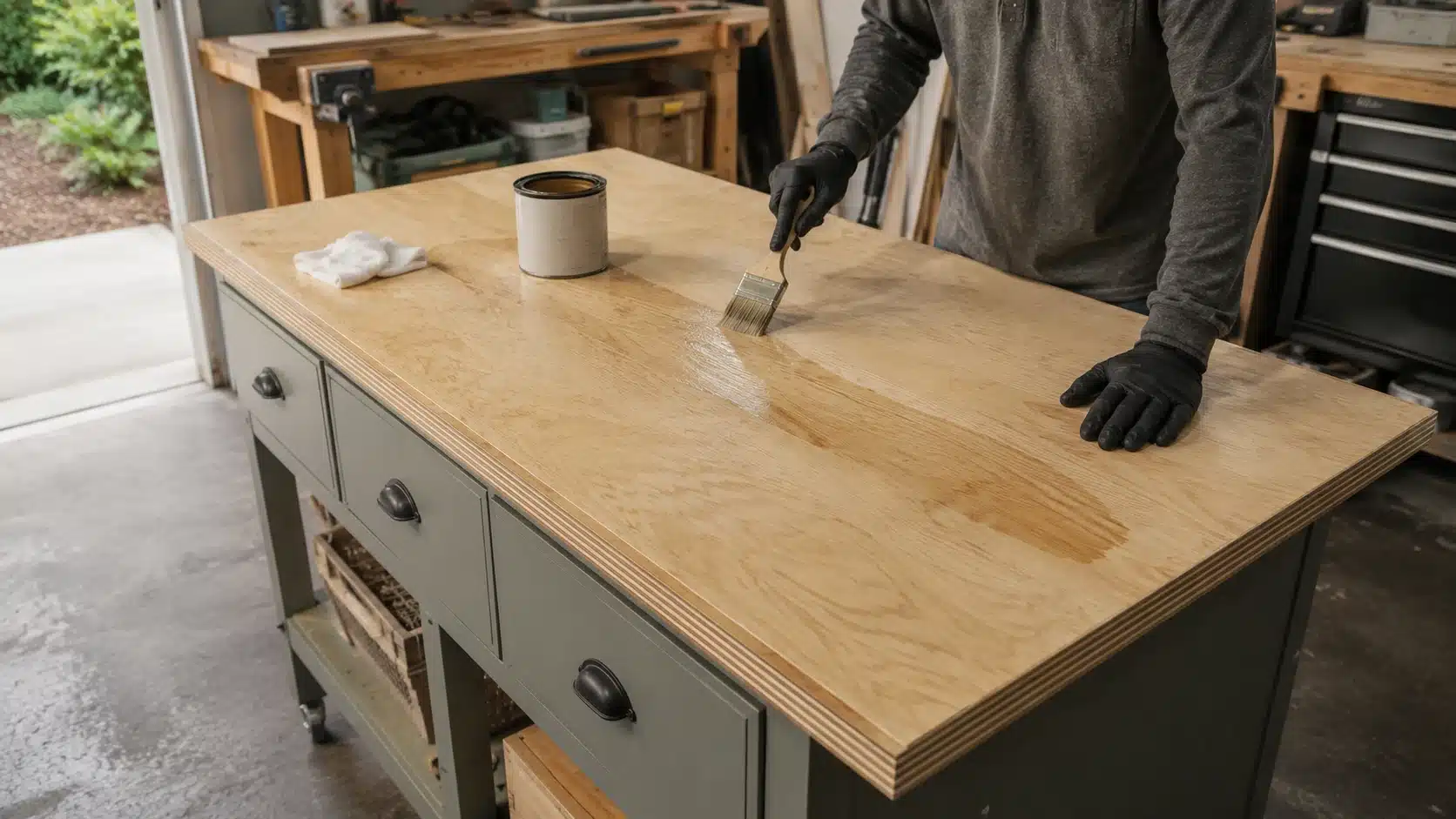 workshop setting with green cabinets, tools, and natural light