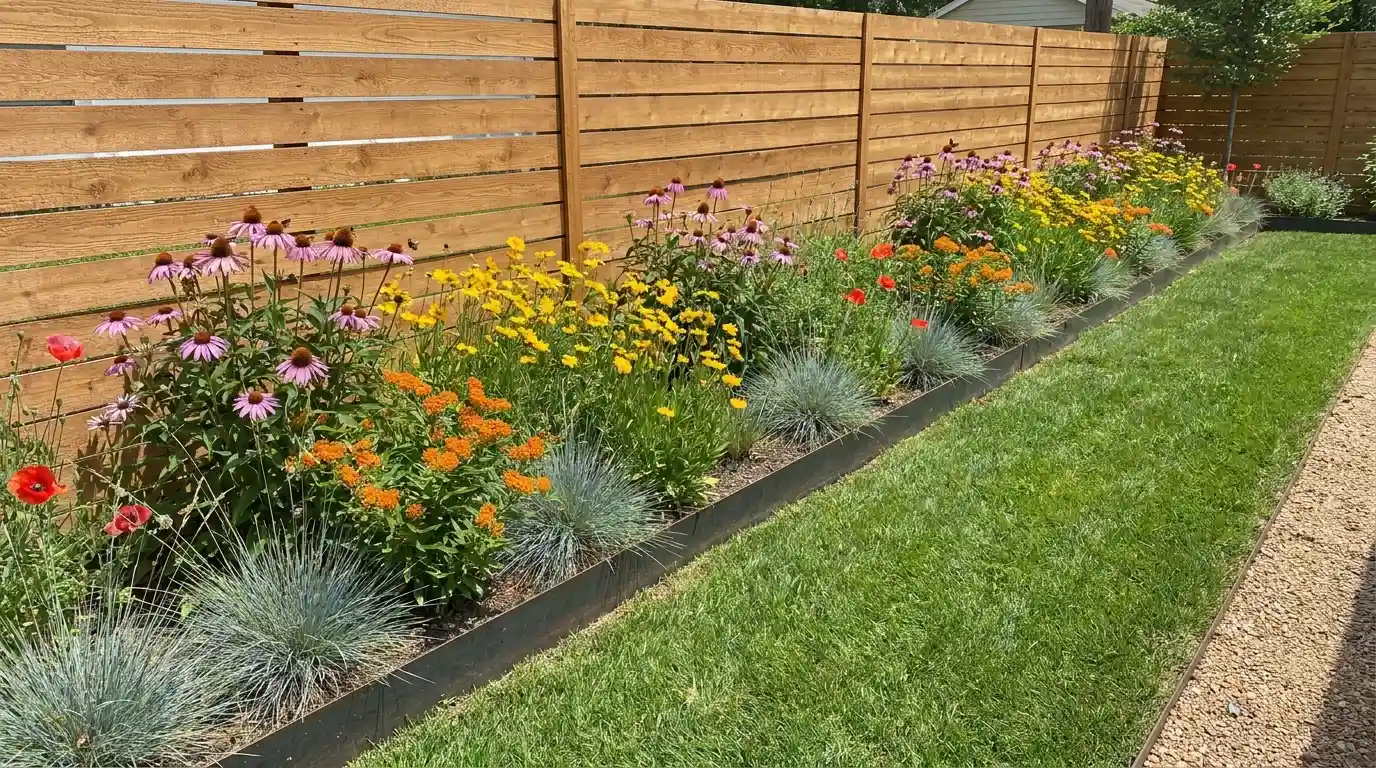 pollinator meadow strip along a clean fence line with native flowers, grasses, and modern edging outside