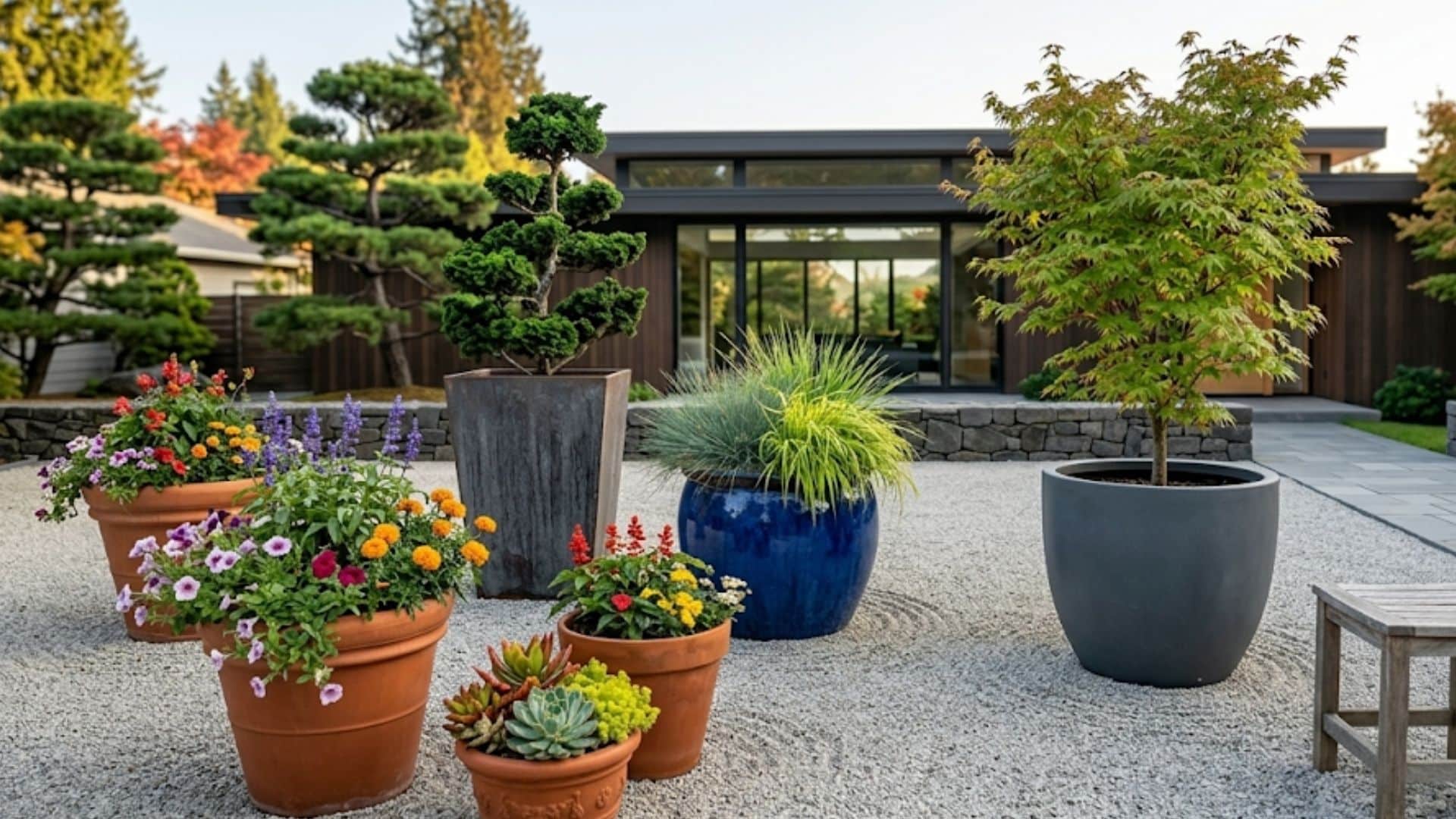 potted plants and shrubs in ceramic and terracotta planters arranged on a light gravel patio in front of a modern house