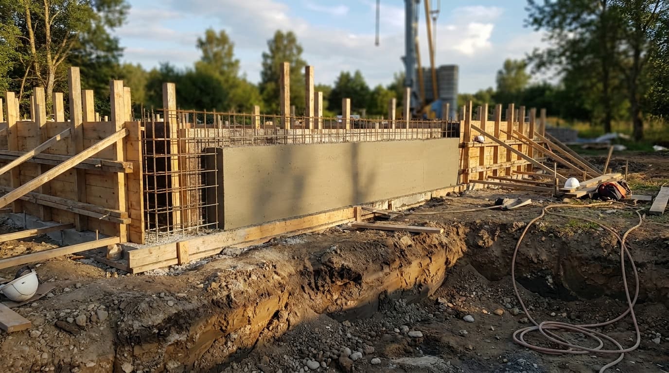 poured concrete foundation with continuous walls smooth surface and steel reinforcement
