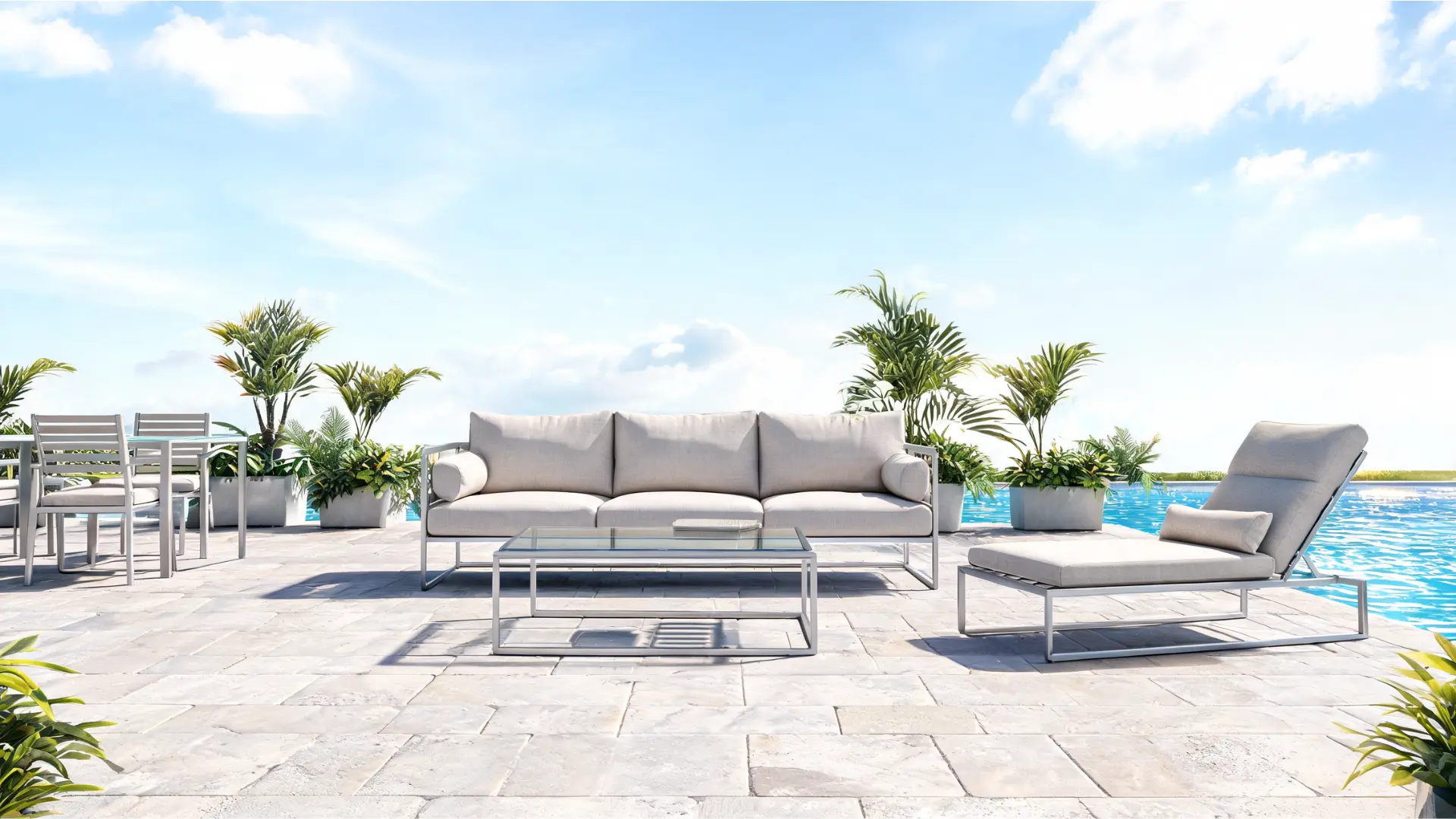 powder coated aluminum outdoor sofa dining chairs coffee table and lounge chair on a sunny poolside patio