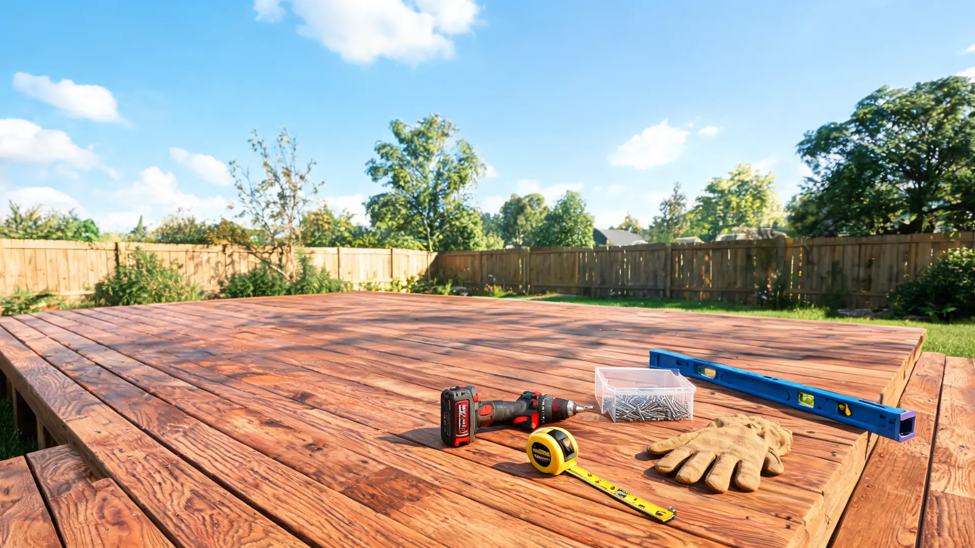 pressure-treated wood deck showing natural wood grain, installed in a sunny backyard with outdoor furniture