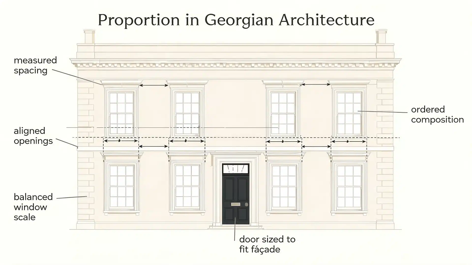 Proportion diagram in Georgian architecture showing measured spacing, aligned windows, and a balanced facade layout.
