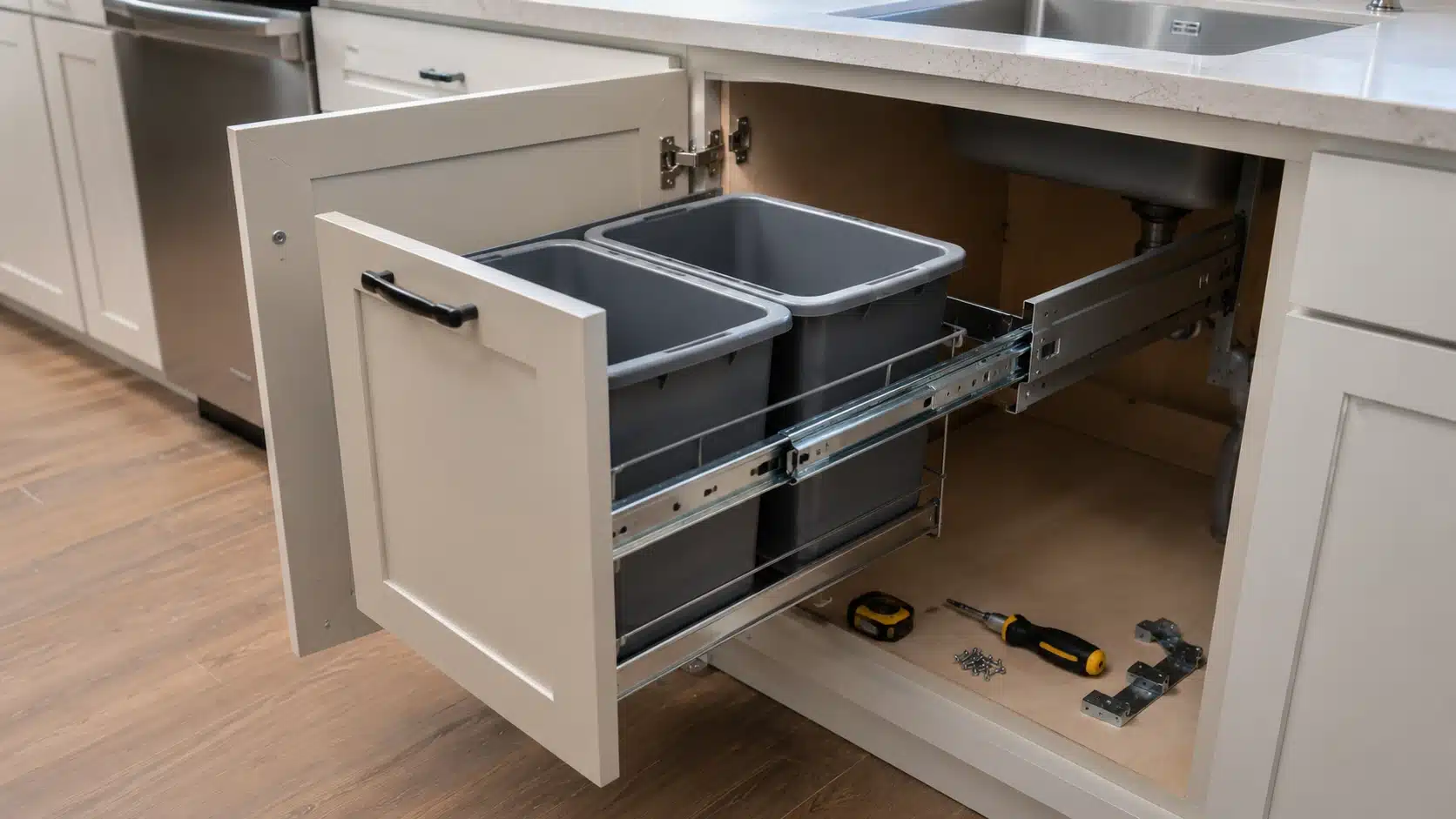pull-out trash and recycling bins installed under a kitchen sink, showing diy home projects with slide rails, and tools