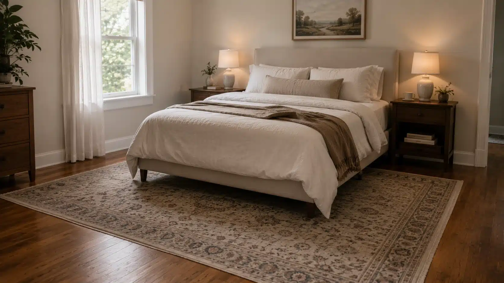 queen bed with large area rug placed under the lower two thirds in a real bedroom layout
