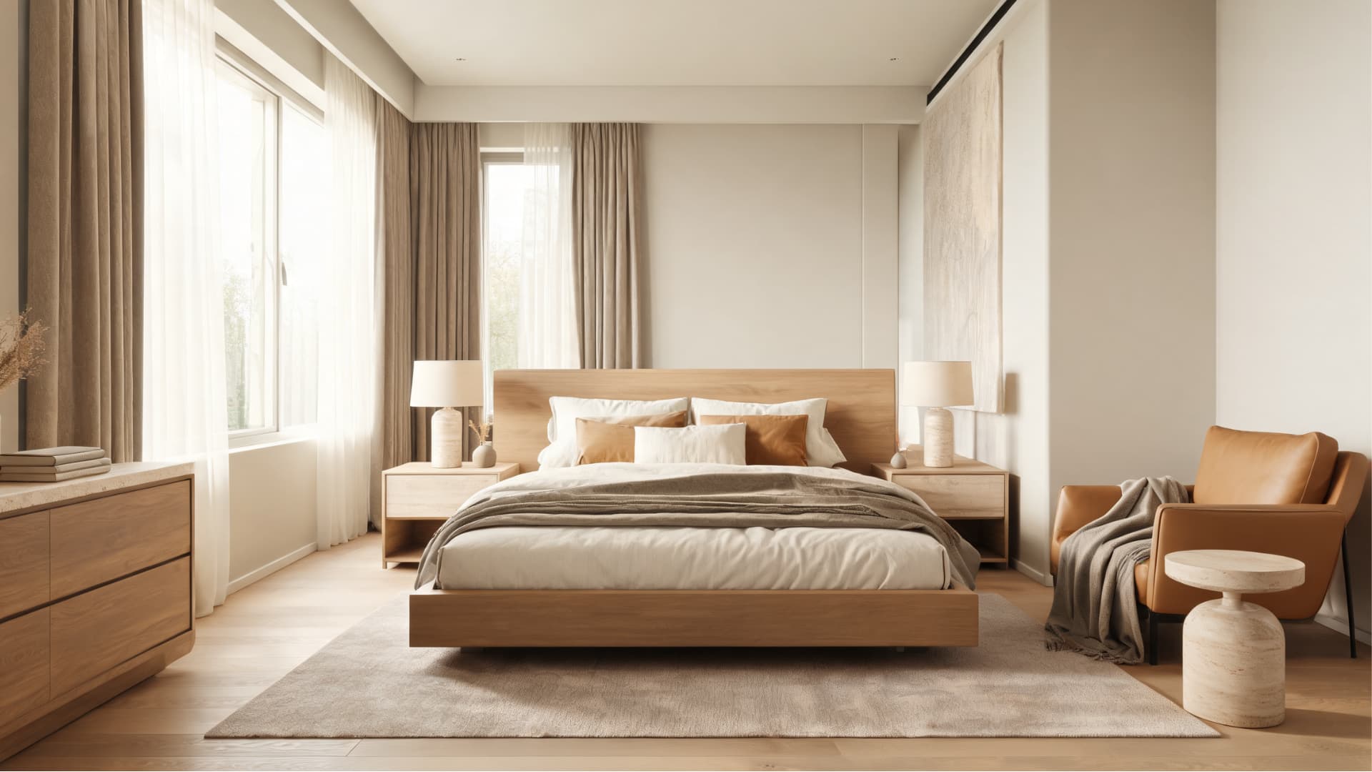 quiet luxury bedroom with warm neutrals, wood furniture, linen bedding, soft layers, and refined calm style