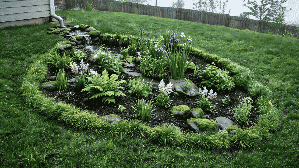 rain garden in a low spot with layered wet soil plants, stone inlet and soft elevated yard view