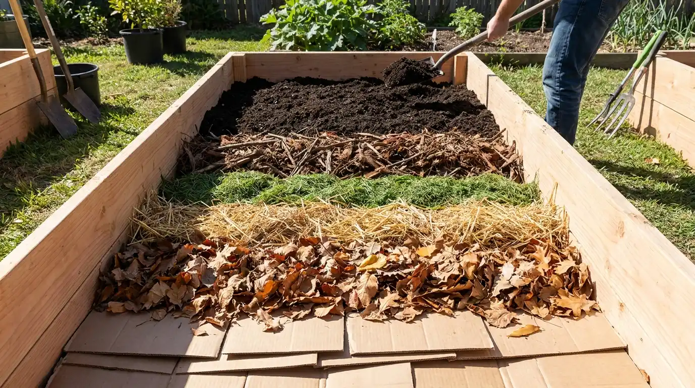 raised bed filled with cardboard leaves straw grass clippings compost and planting soil