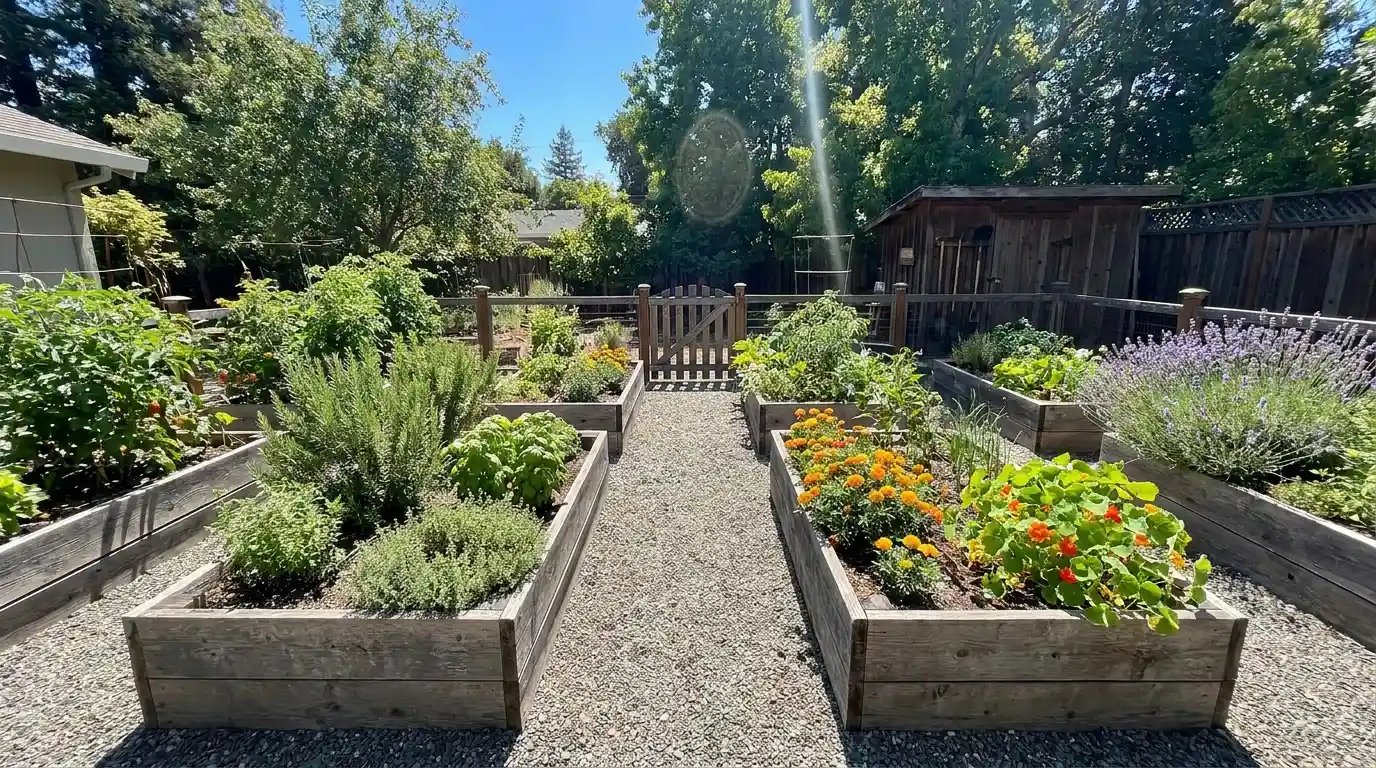 raised bed garden with neat planting boxes and clear walking paths