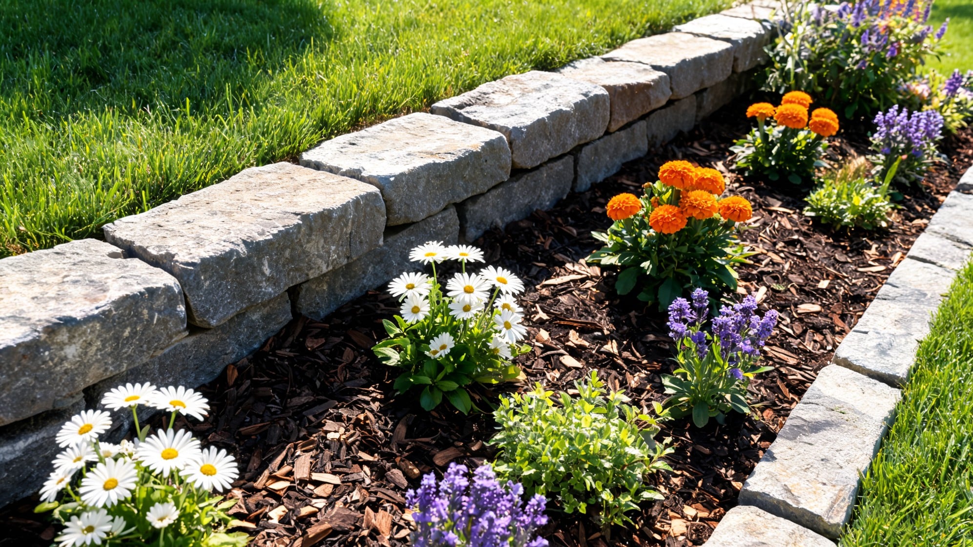 front lawn ideas with raised stone border mulch white flowers orange blooms purple plants and green grass