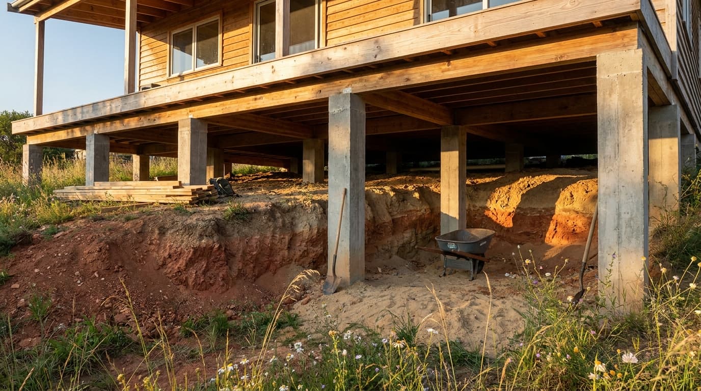 raised foundation with columns supporting house showing airflow and realistic soil layers