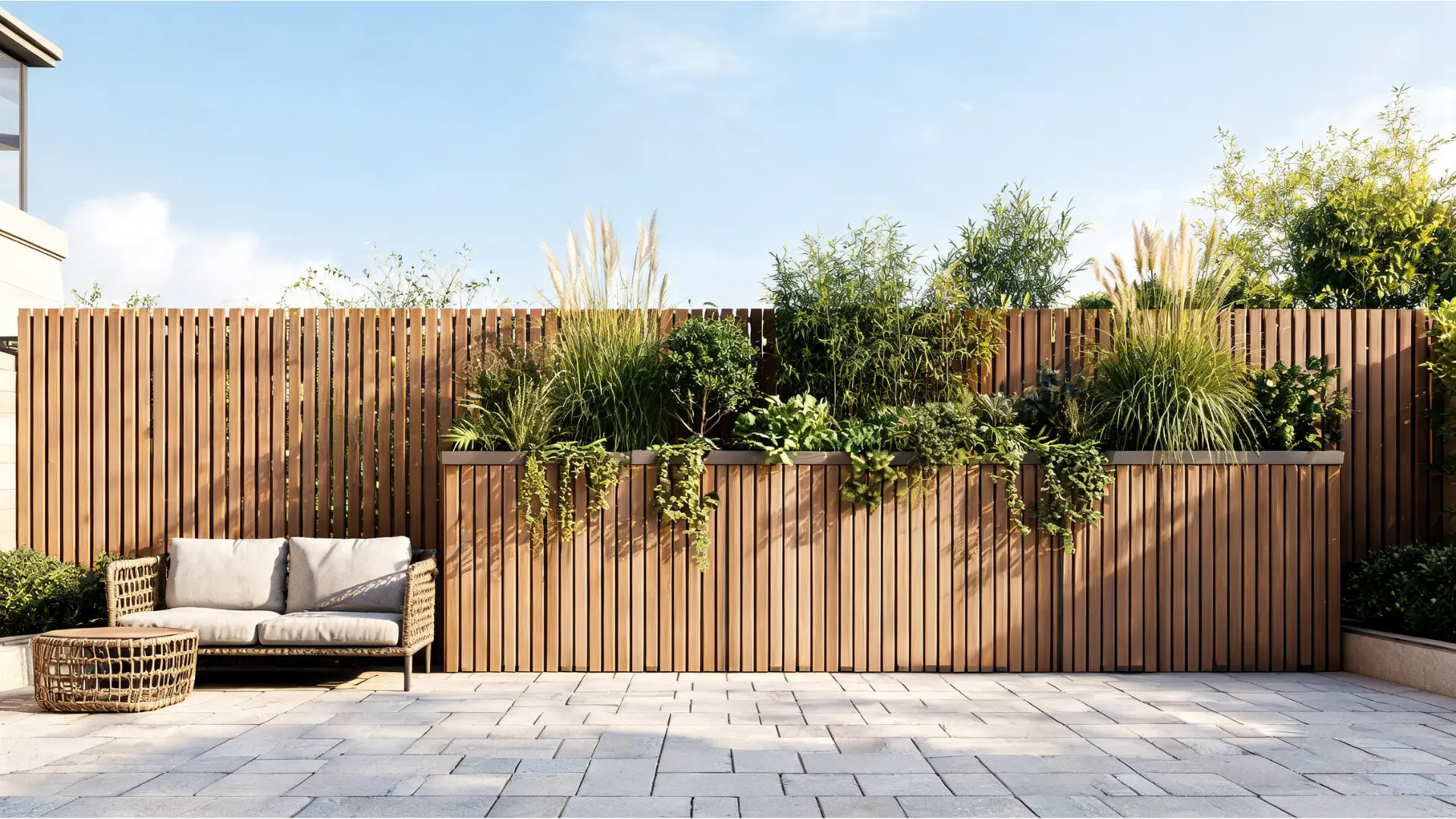 raised planter fence wall with tall greenery, wood screening, and a stylish privacy setup for a small patio
