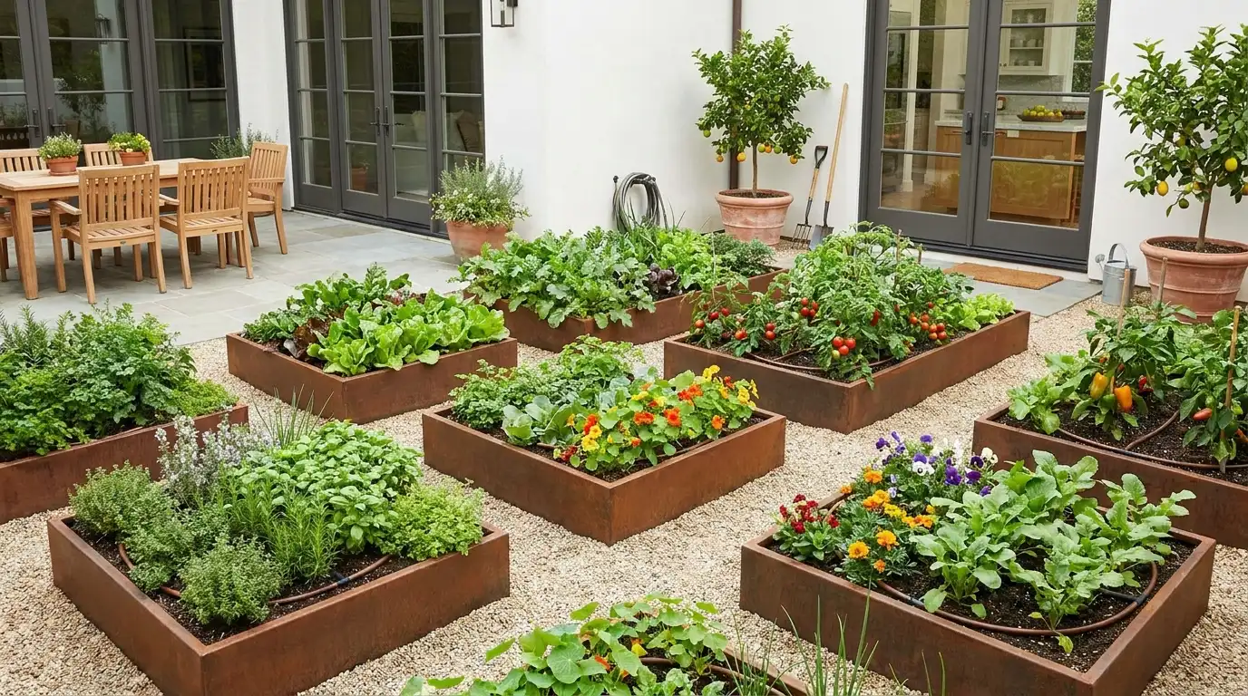 raised steel planters filled with herbs, greens, and vegetables in a neat modern kitchen garden outside
