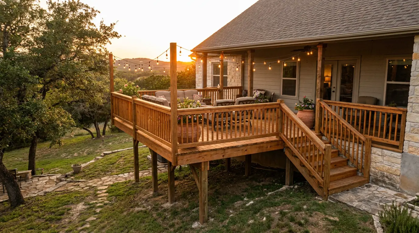 raised wooden deck with seating and railings overlooking an uneven backyard in soft evening light at home