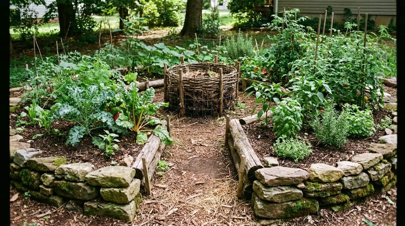 raw circular keyhole garden with compost basket kale chard tomatoes peppers and herbs (1)
