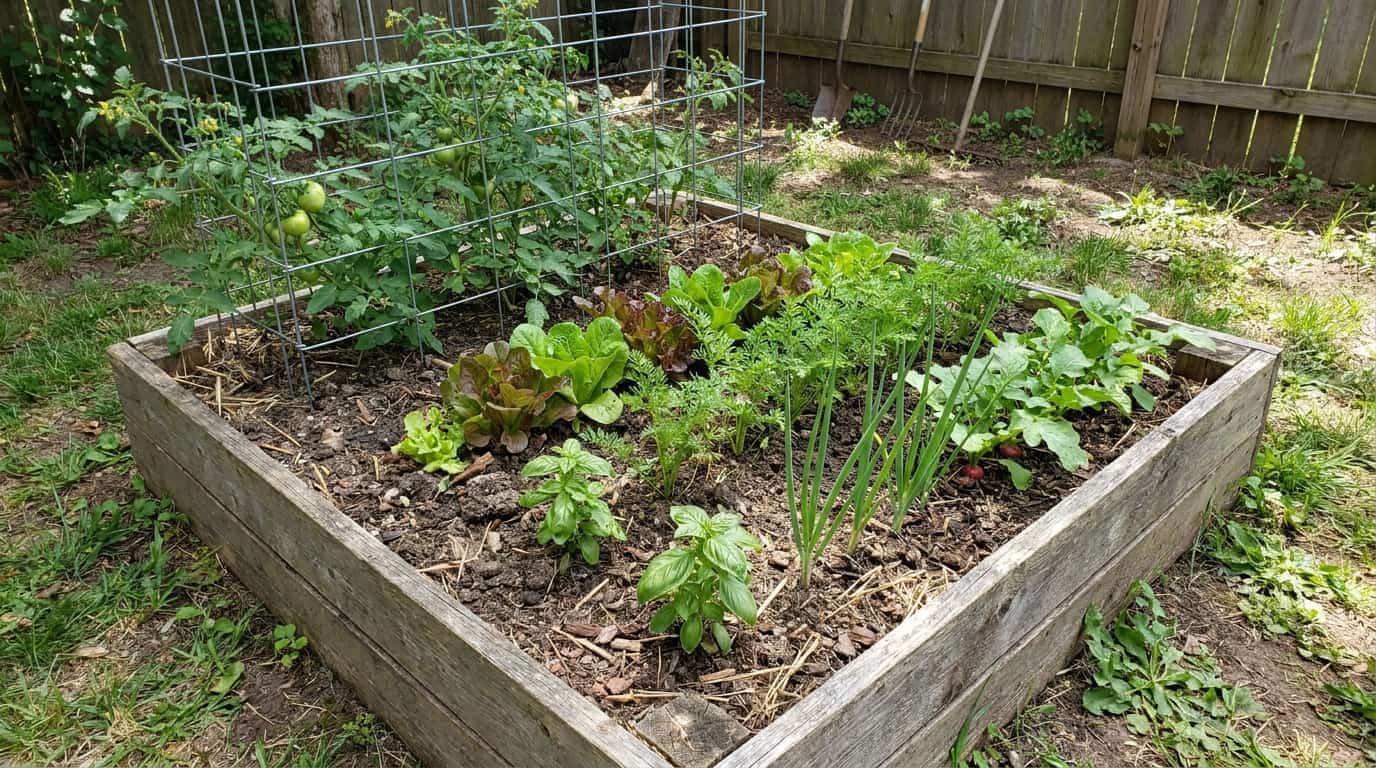 raw four by four garden bed with caged tomato lettuce carrots radishes basil and green onions (1)