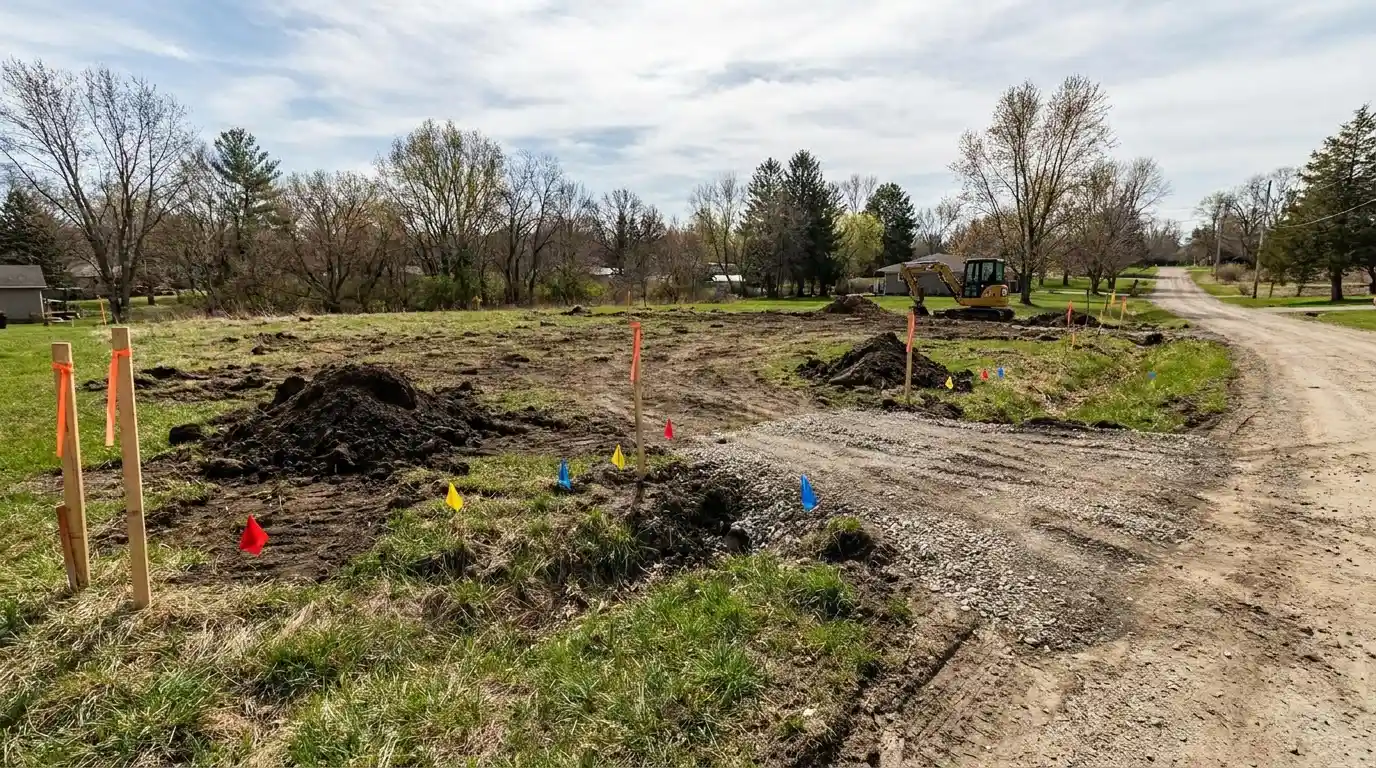 raw land with grading stakes utilities and driveway path showing site costs before building a home