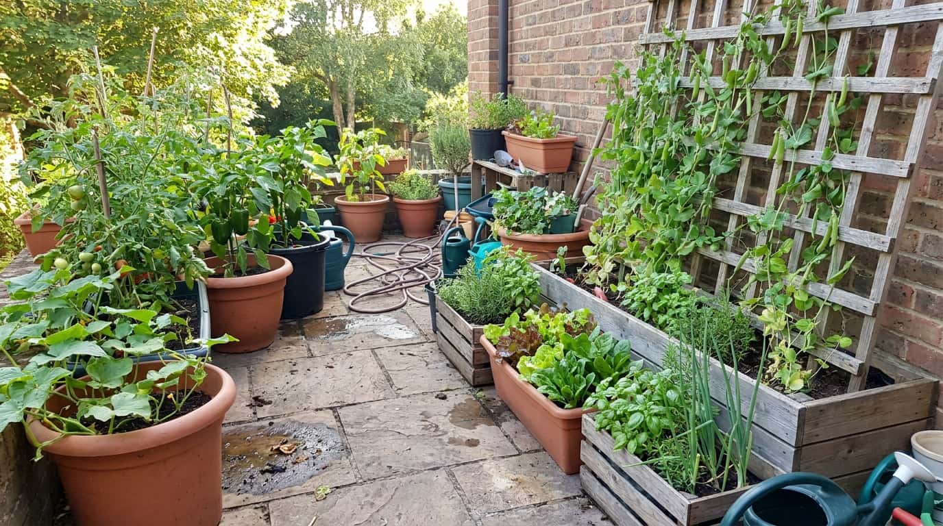 raw patio vegetable garden with pots of tomatoes peppers cucumbers lettuce herbs and trellised beans (1)