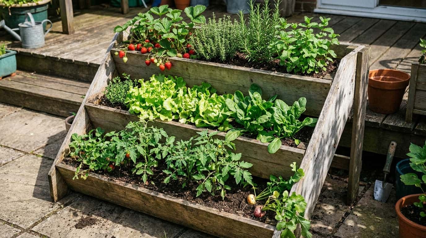 raw tiered planter with strawberries herbs lettuce spinach and vegetables on a small patio (1)