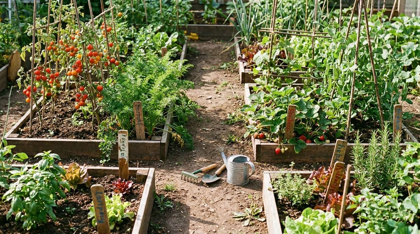 real family vegetable garden with paths cherry tomatoes carrots peas beans strawberries lettuce and herbs (1)