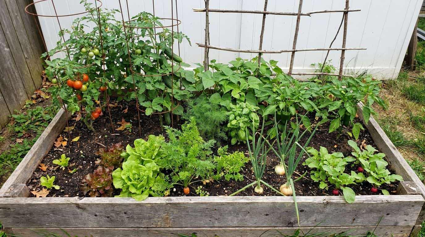 real four by eight raised bed with tomatoes cucumbers peppers beans herbs lettuce carrots and onions (1)