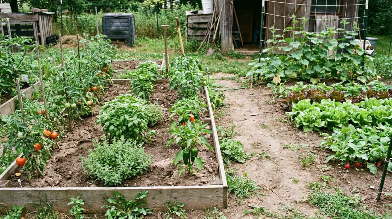 real themed vegetable garden with tomatoes basil peppers lettuce cucumbers and radishes (1)