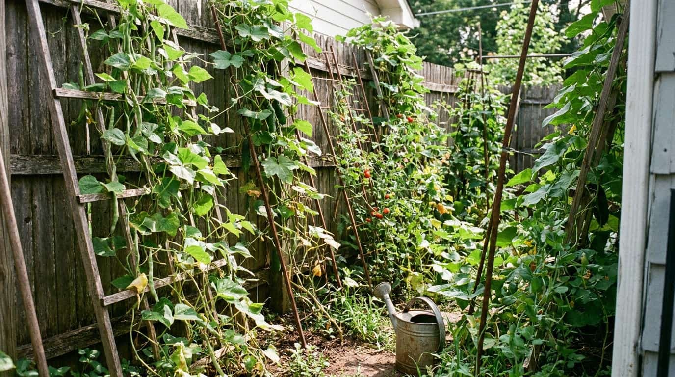 real vertical trellis garden with beans cucumbers peas tomatoes gourds and climbing vines (1)