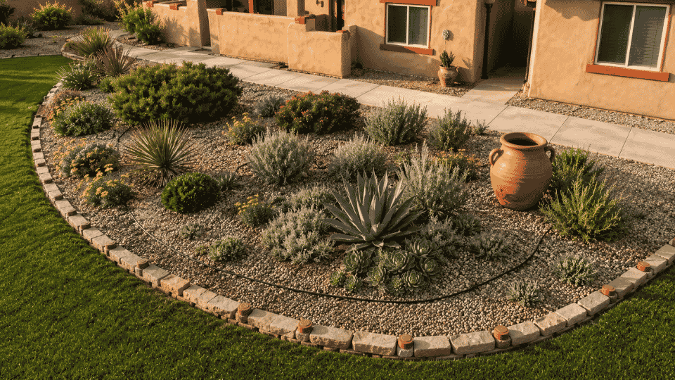 realistic gravel garden bed with soft afternoon light, angled view, drought plants and clay pot