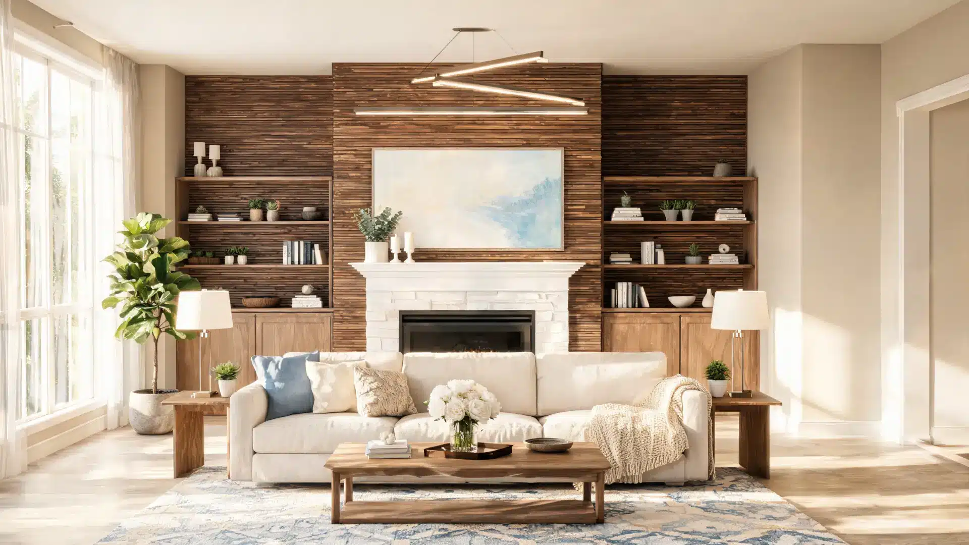 realistic living room with an accent wall around the fireplace or media area, coordinated seating, rug, and layered decor