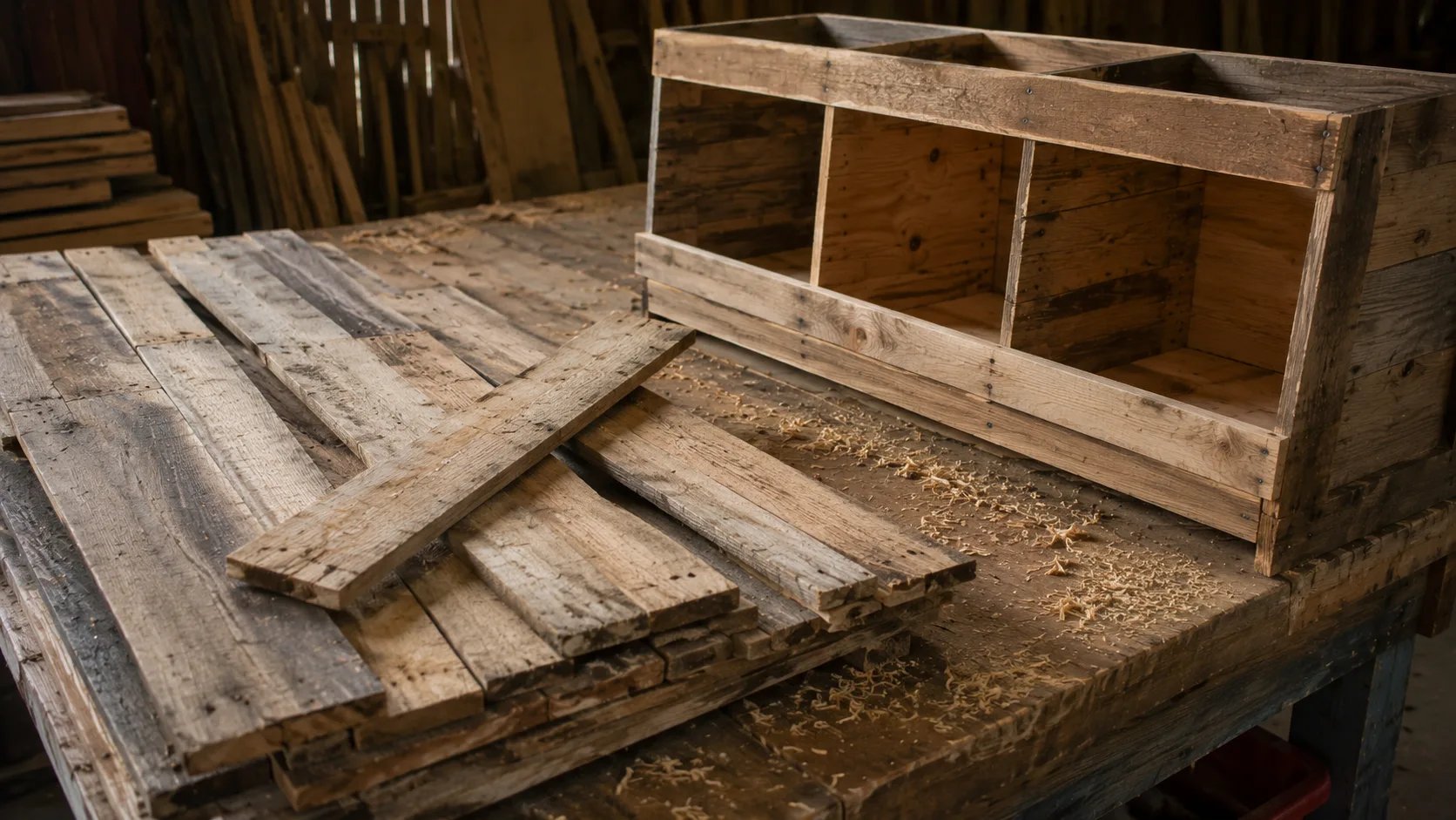 reclaimed pallet wood being assembled into a diy nesting box for backyard chickens