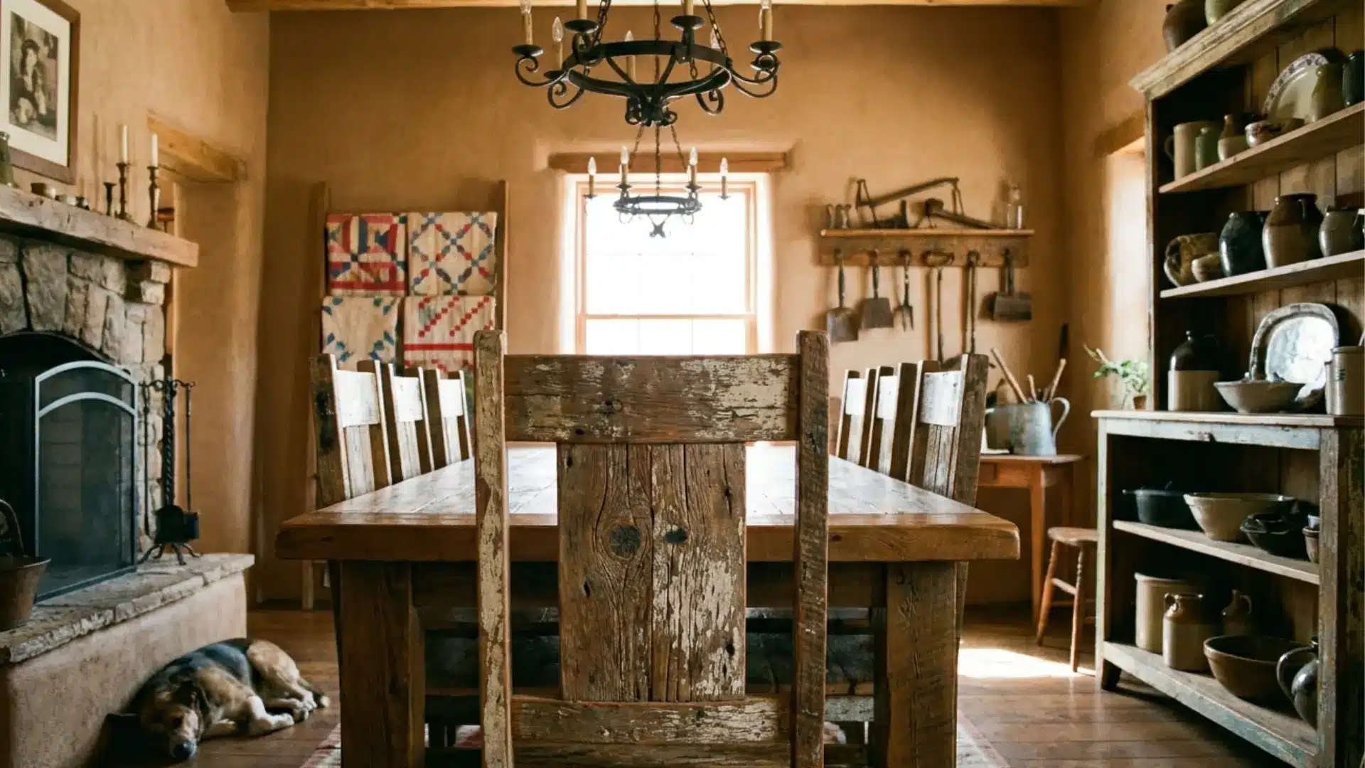 reclaimed wood dining chair with rustic texture in eco friendly farmhouse dining room warm vintage style