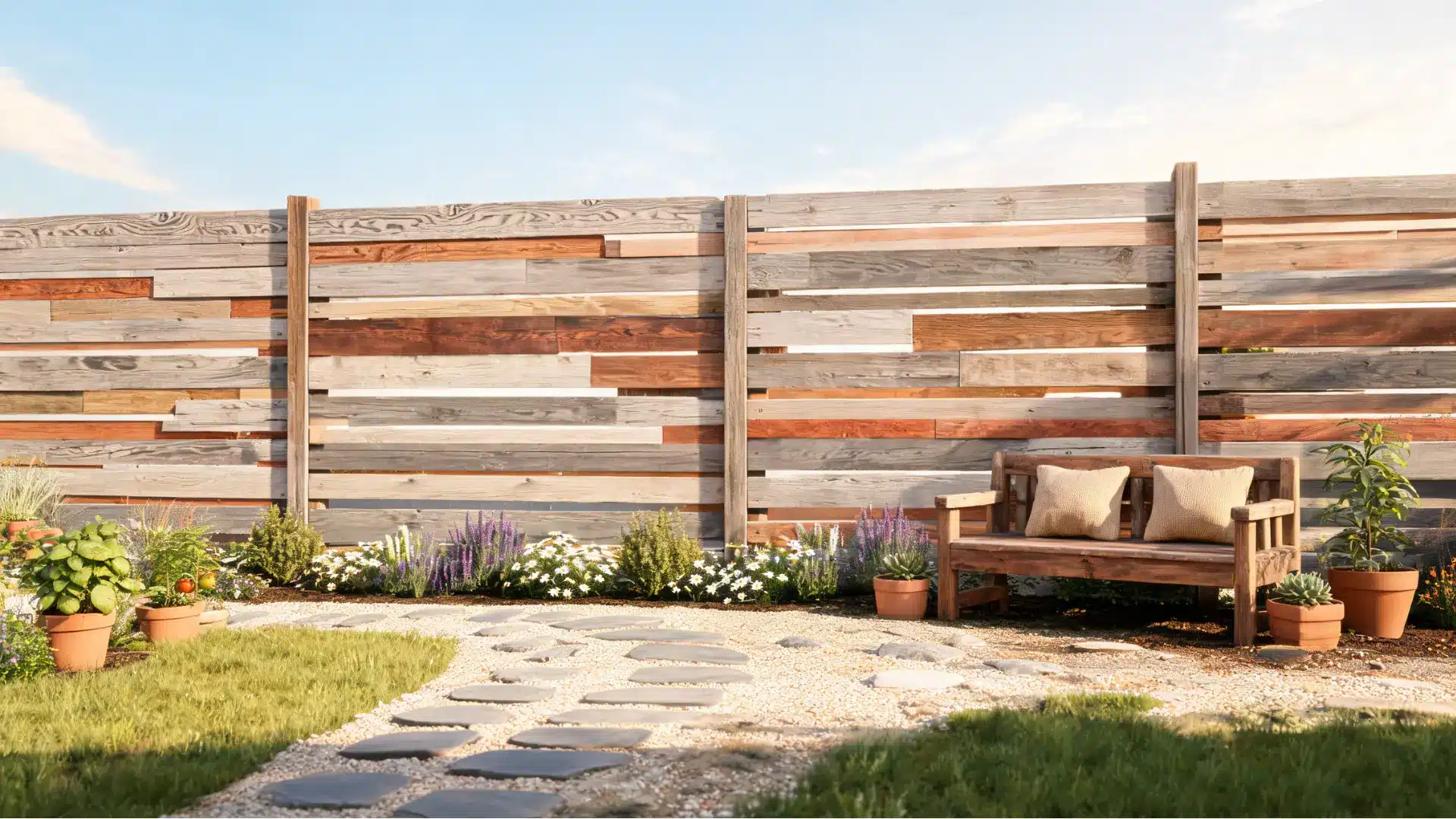 reclaimed wood fence with mixed weathered boards, rustic garden style, and eco-friendly backyard style