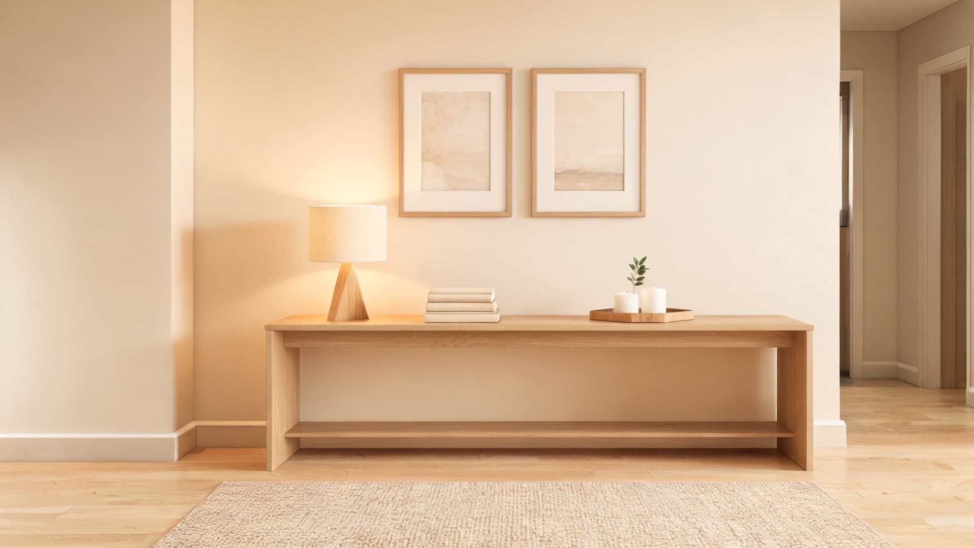 minimal rectangular console table styling with warm lighting neutral decor and framed artwork