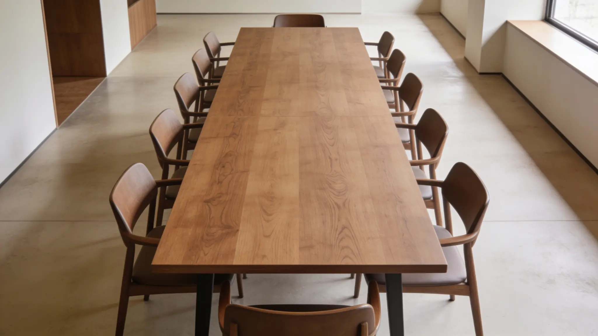 Rectangular dining table in a long dining room with end chairs