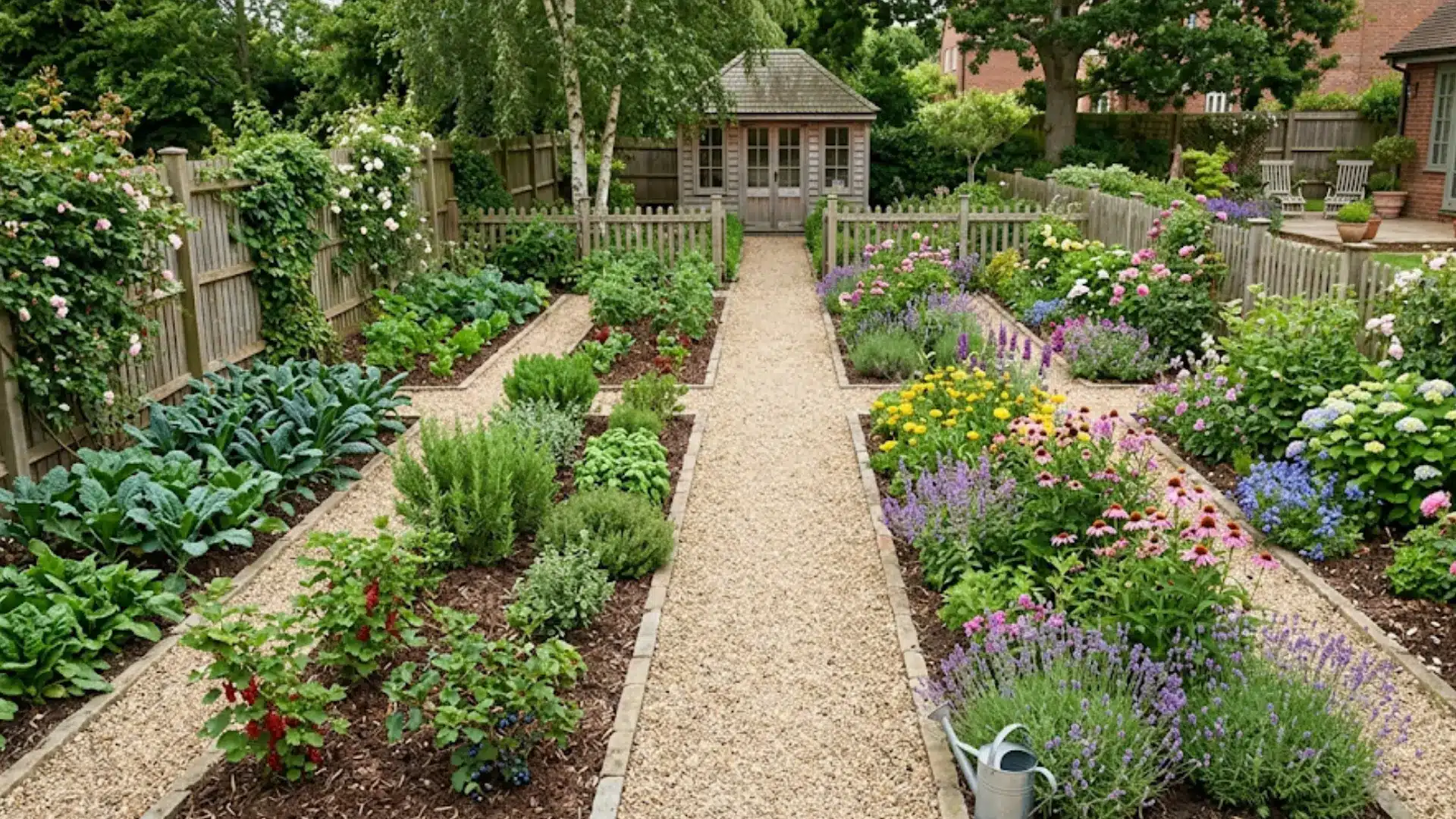rectangular garden featuring a symmetrical gravel path that neatly separates vibrant flowerbeds from organized, lush vegetable planting sections