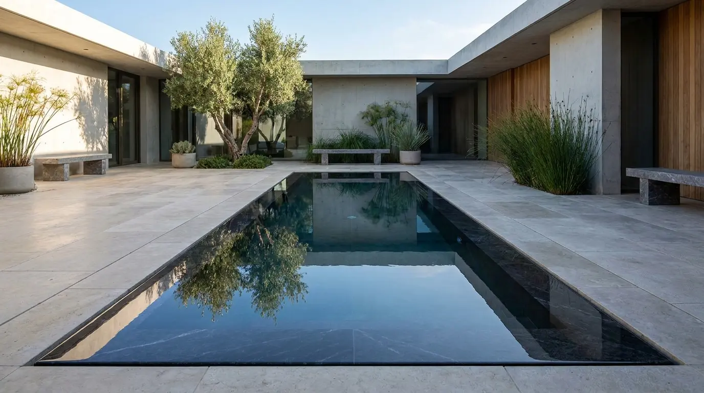 rectangular reflecting pool in a modern courtyard with still water, stone paving, and simple greenery