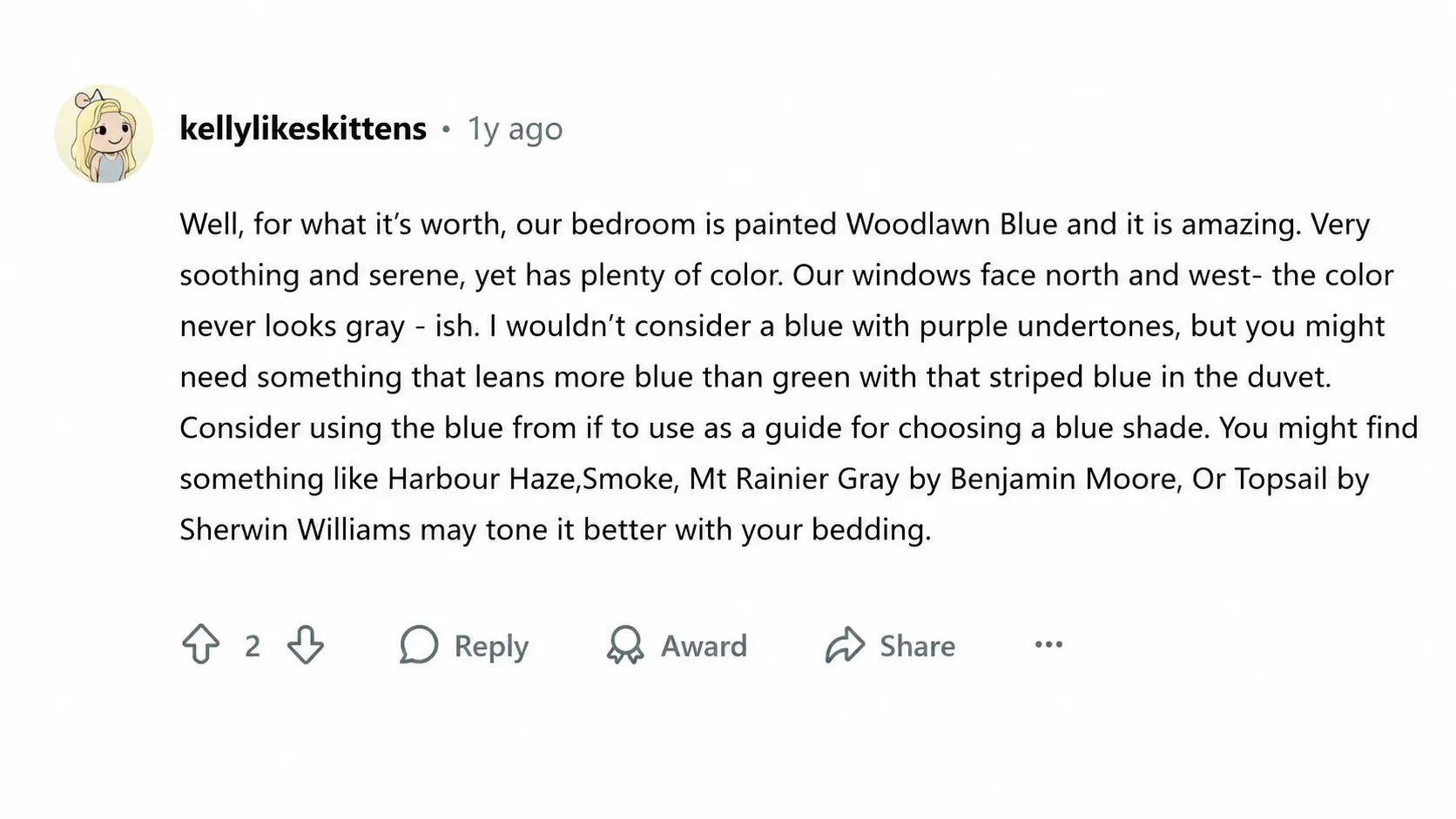 reddit comment about woodlawn blue paint with color advice and bedroom lighting details displayed in widescreen ui